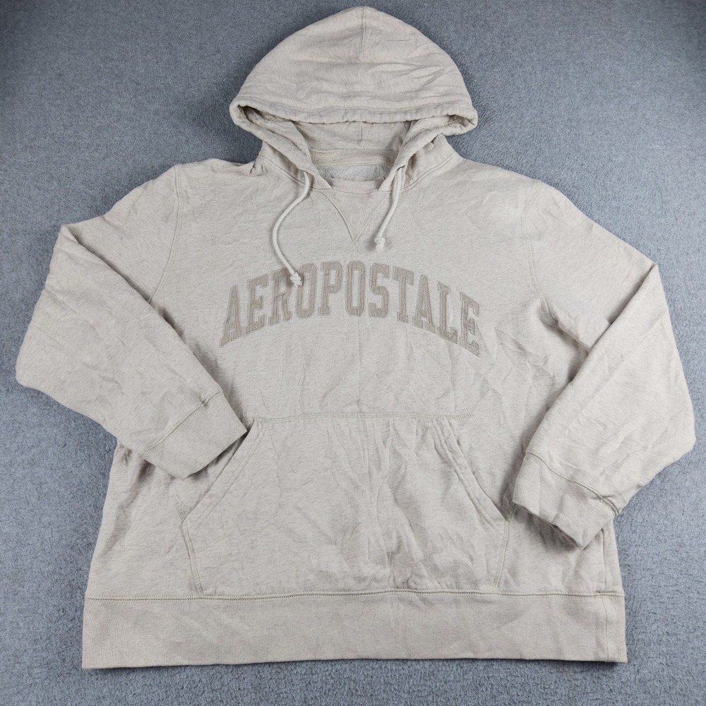 Aeropostale Hoodie Mens XL Oatmeal Heather Fleece Lined Logo Relaxed Pullover
